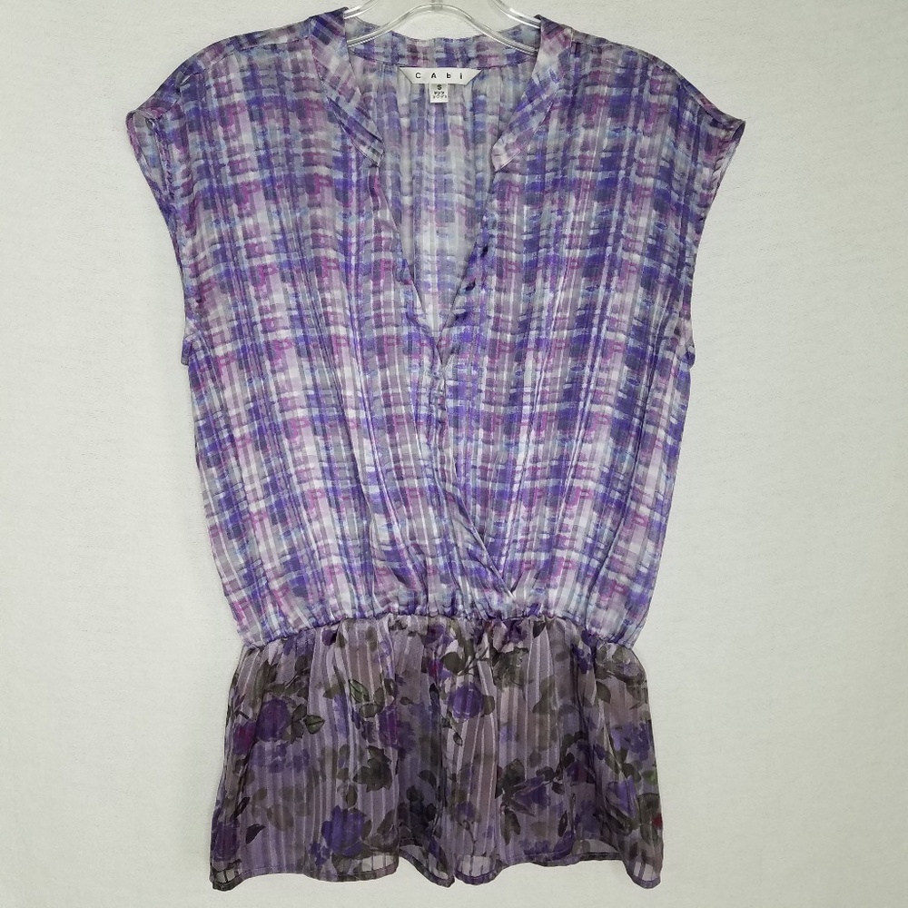CAbi 731 Eva Peplum Top Purple Plaid Floral V-neck
